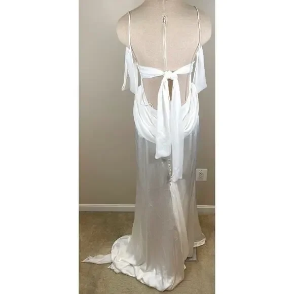 FOR LOVE & LEMONS Cora Cowl Neck Draped Off the Shoulder White Maxi Gown Size L - Picture 11 of 14